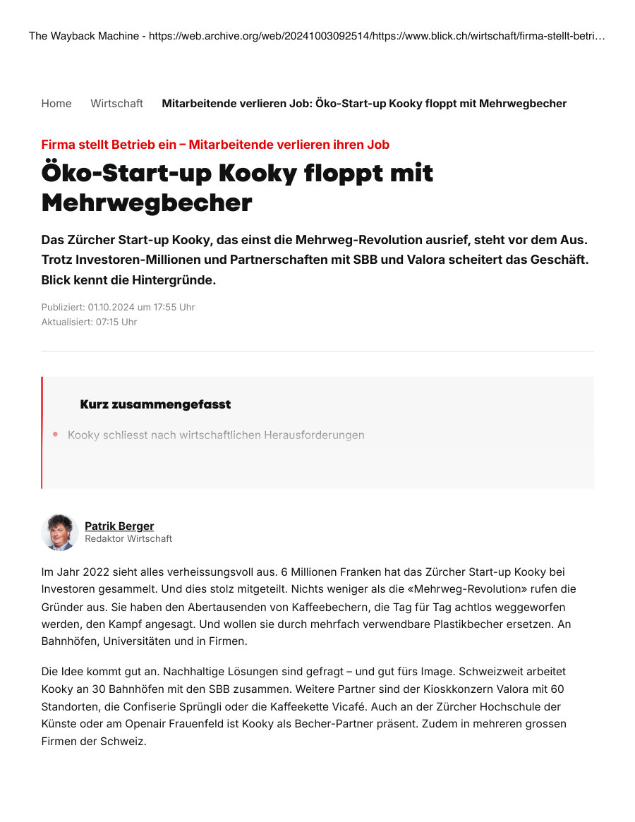 Page of Kooky: why a Swiss reusable cup system stopped in 2024