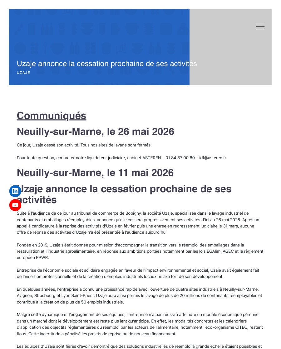 Page of Uzaje: why a French washing company for reusable containers closed in 2026