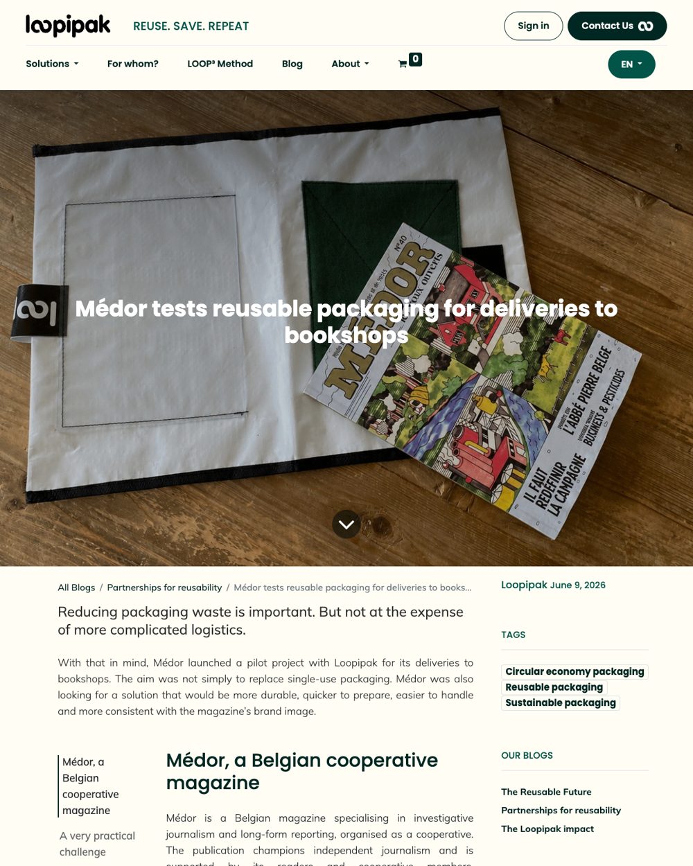 Page of Médor tests reusable packaging for deliveries to bookshops