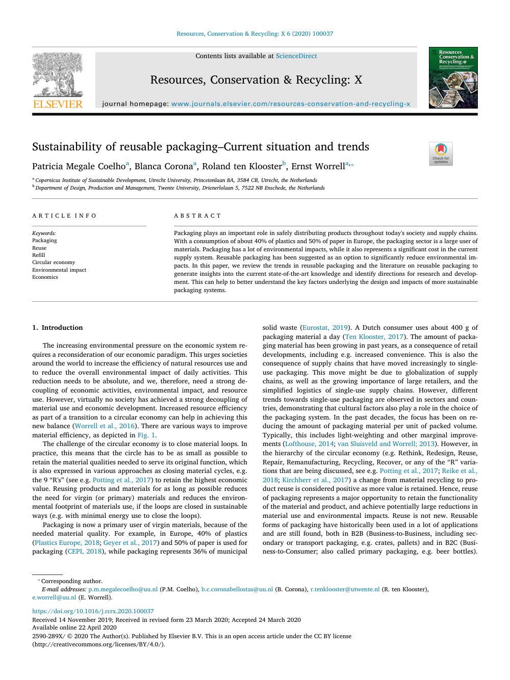 Cover of Sustainability of reusable packaging -Current situation and trends