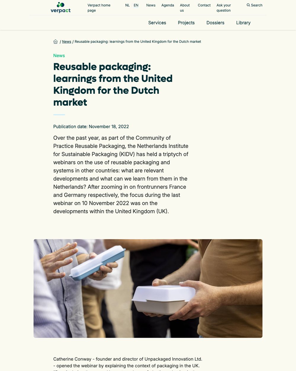 Cover of Reusable packaging - learnings from the UK for the Dutch market