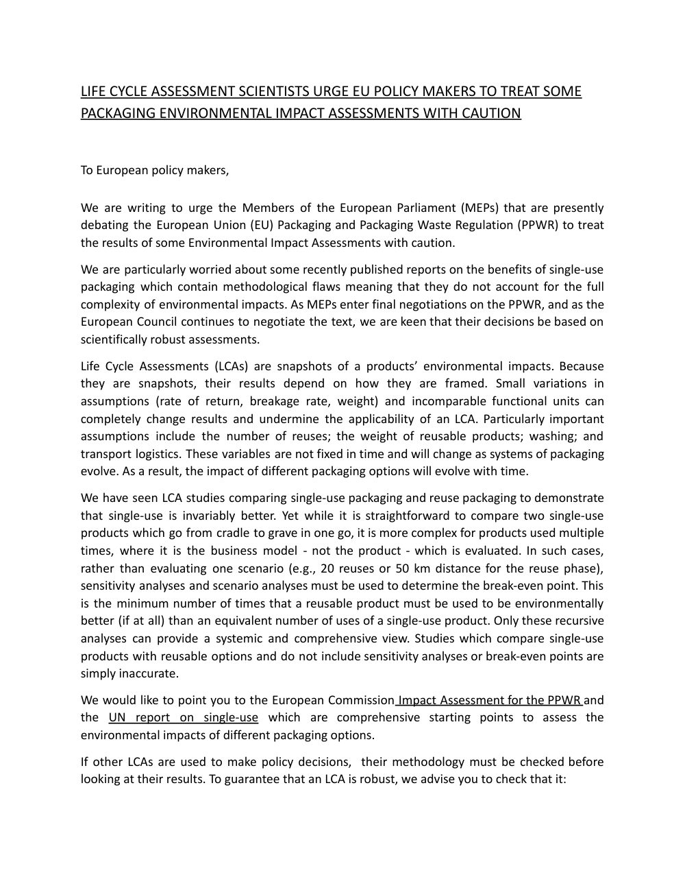 Cover of Life cycle assessment scientists urge EU policy makers to treat some packaging environmental impact assessments with caution