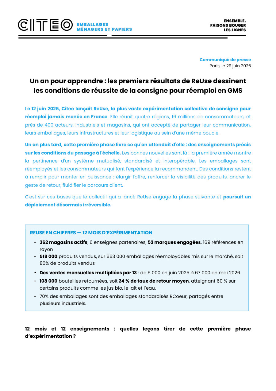 Cover of Un an pour apprendre : les premiers résultats de ReUse dessinent les conditions de réussite de la consigne pour réemploi en GMS (One year to learn: the first results of ReUse set out the conditions for deposits for reuse to succeed in supermarkets)