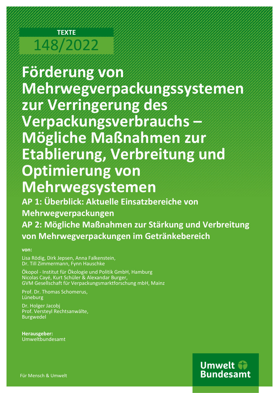 Cover of Förderung von Mehrwegverpackungssystemen zur Verringerung des Verpackungsverbrauchs – Teilbericht I (Promotion of reusable packaging systems to reduce packaging consumption – sub-report I), TEXTE 148/2022