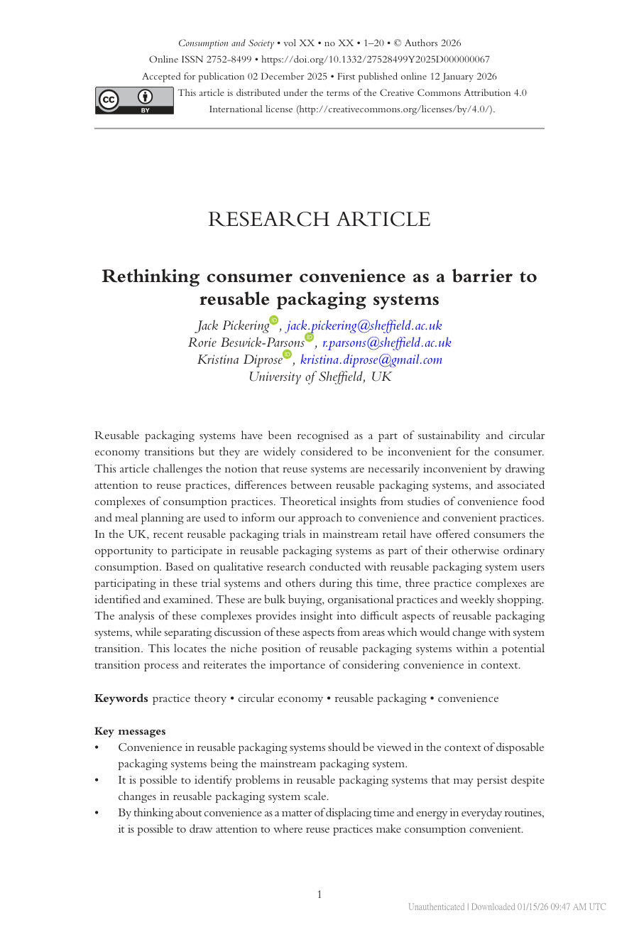 Cover of Rethinking consumer convenience as a barrier to reusable packaging systems