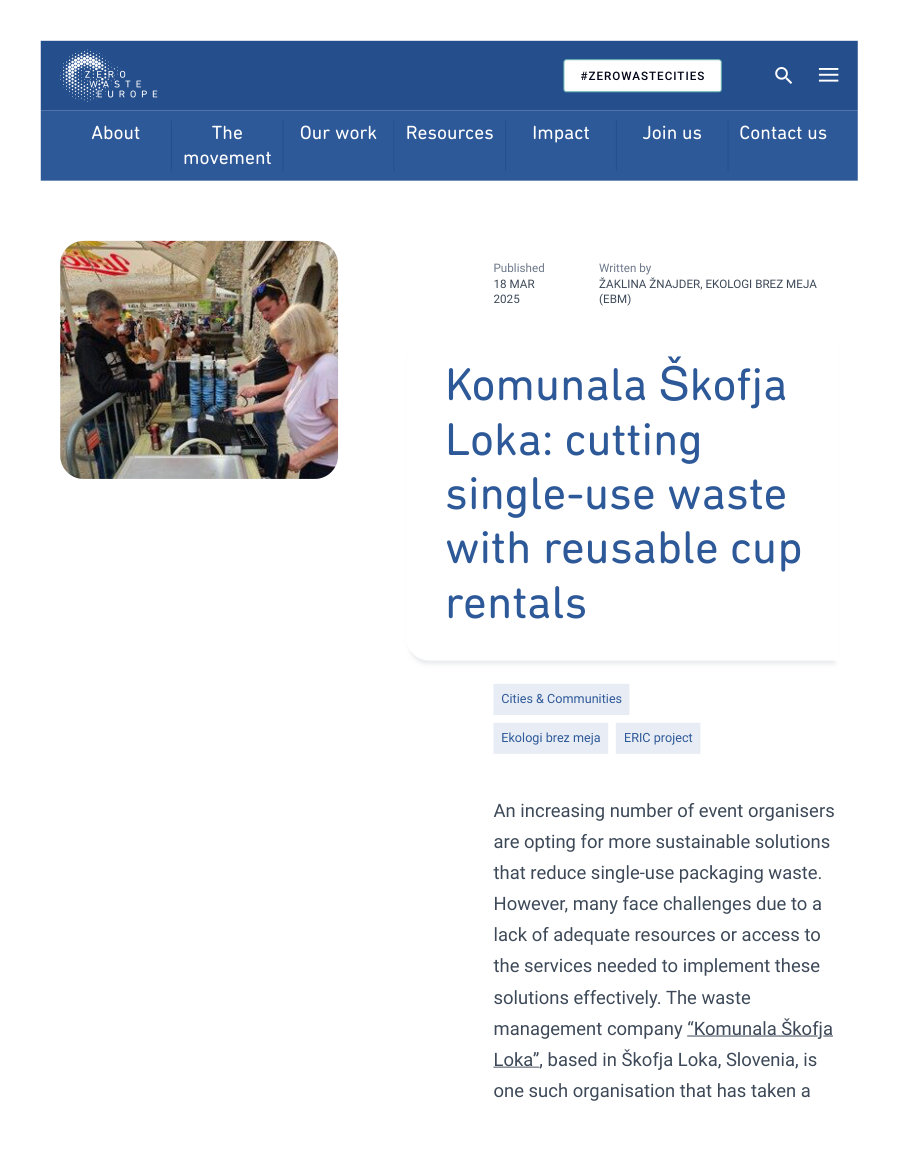 Cover of Komunala Škofja Loka: cutting single-use waste with reusable cup rentals