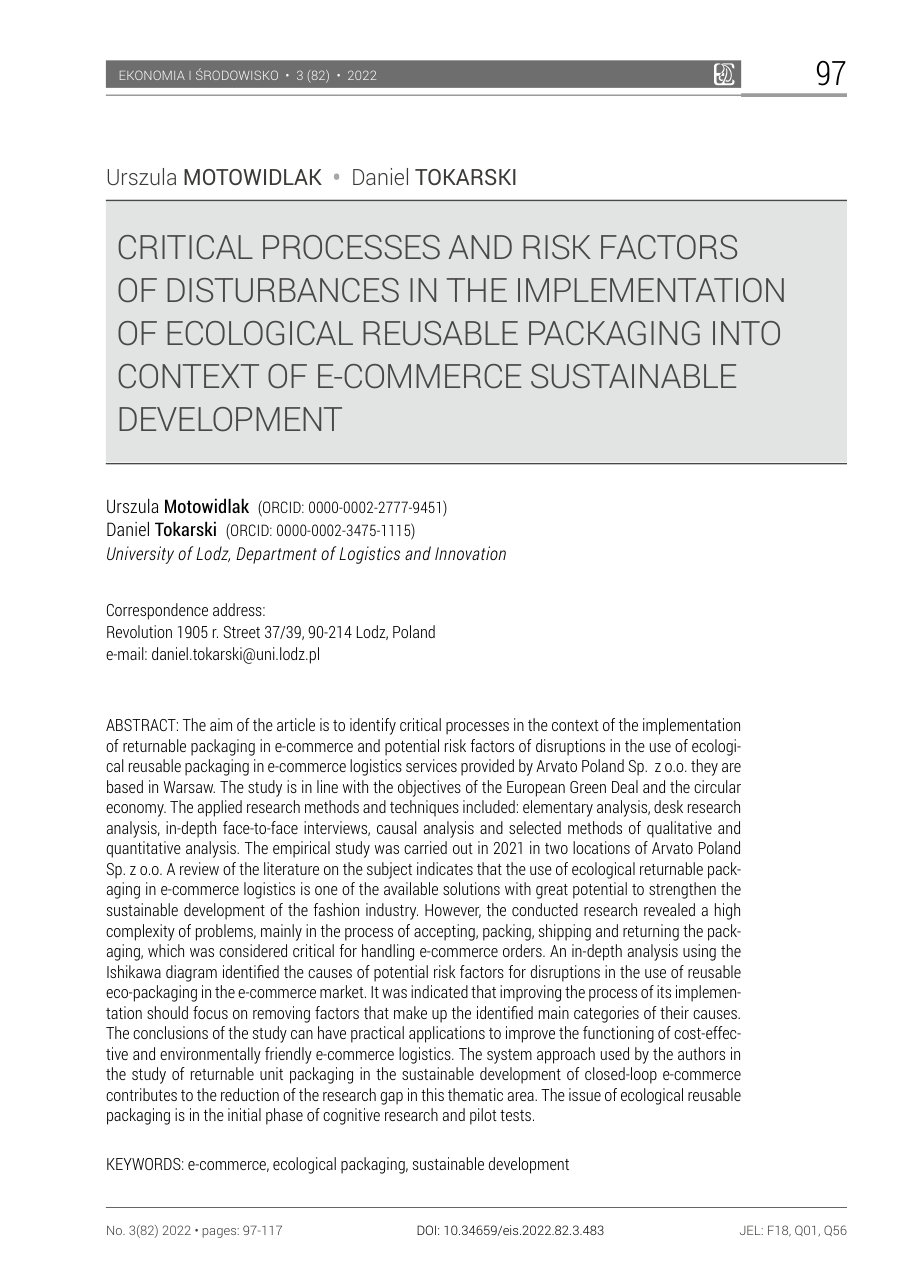 Cover of Critical processes and risk factors of disturbances in the implementation of ecological reusable packaging into context of e-commerce sustainable development