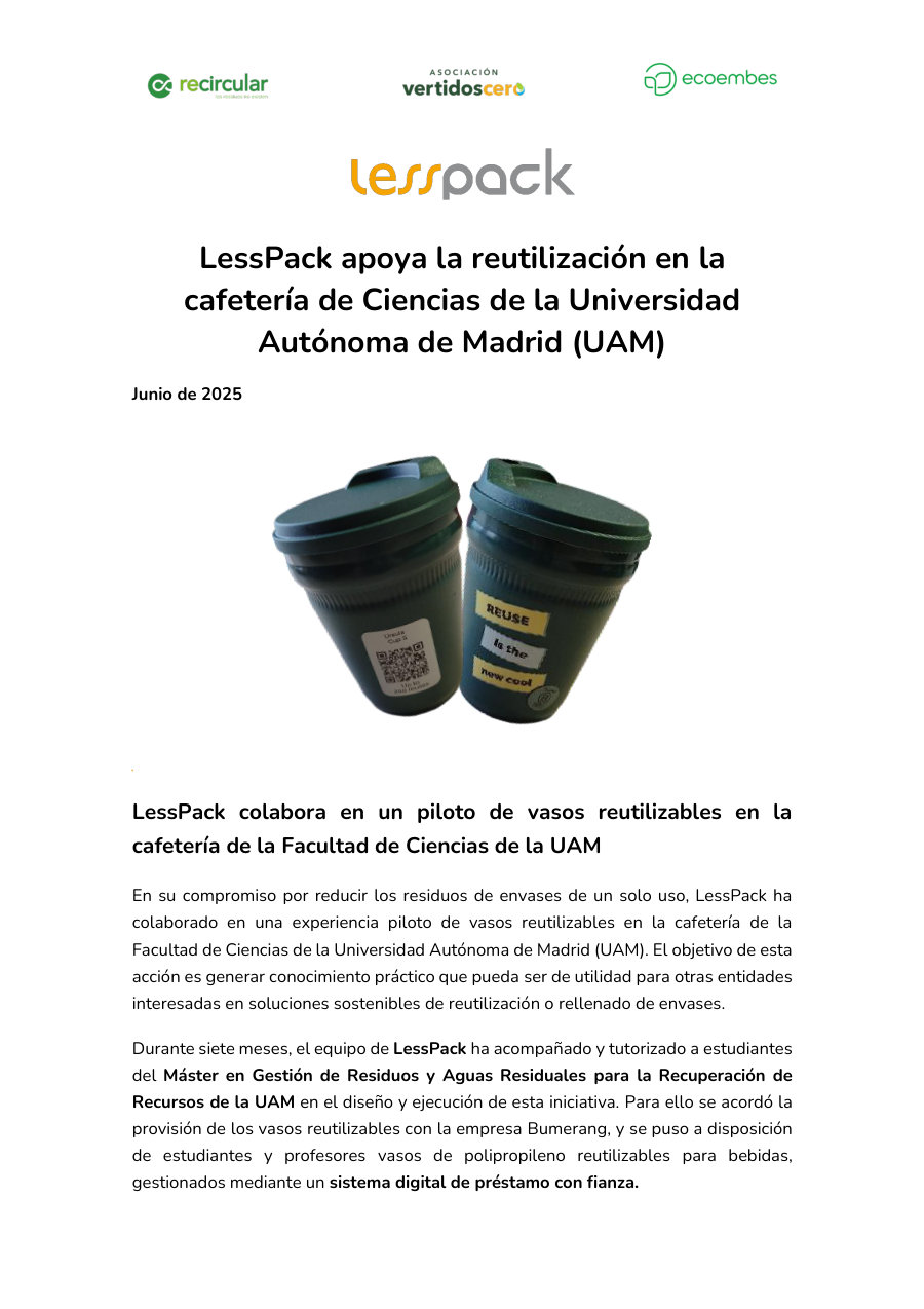 Cover of LessPack apoya la reutilización en la cafetería de Ciencias de la Universidad Autónoma de Madrid (UAM) (LessPack supports reuse in the Faculty of Science cafeteria of the Autonomous University of Madrid)