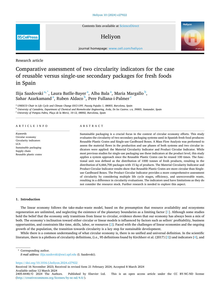 Cover of Comparative assessment of two circularity indicators for the case of reusable versus single-use secondary packages for fresh foods in Spain
