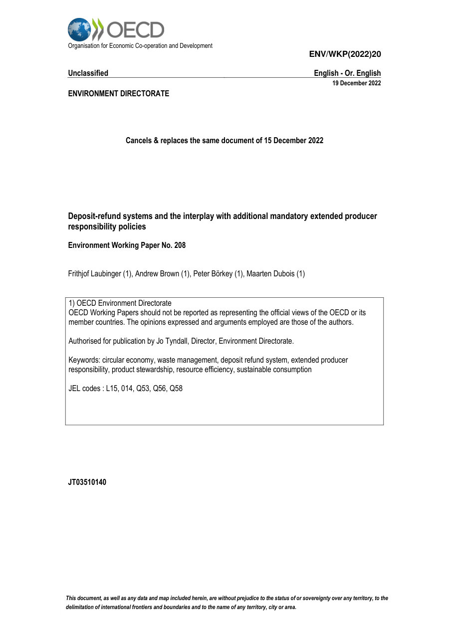 Cover of Deposit-refund systems and the interplay with additional mandatory extended producer responsibility policies (OECD Environment Working Paper No. 208)