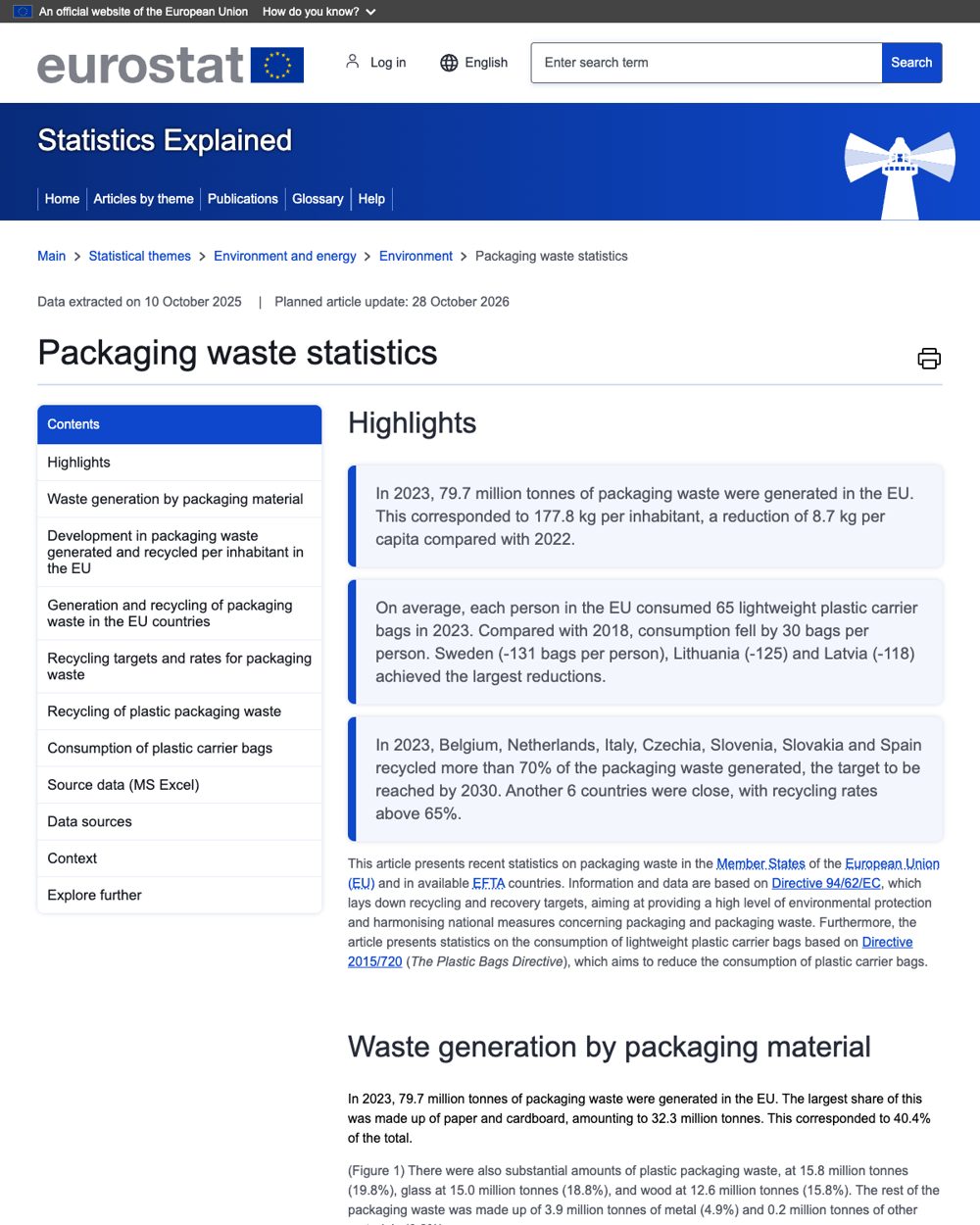 Cover of Packaging waste statistics (Statistics Explained)