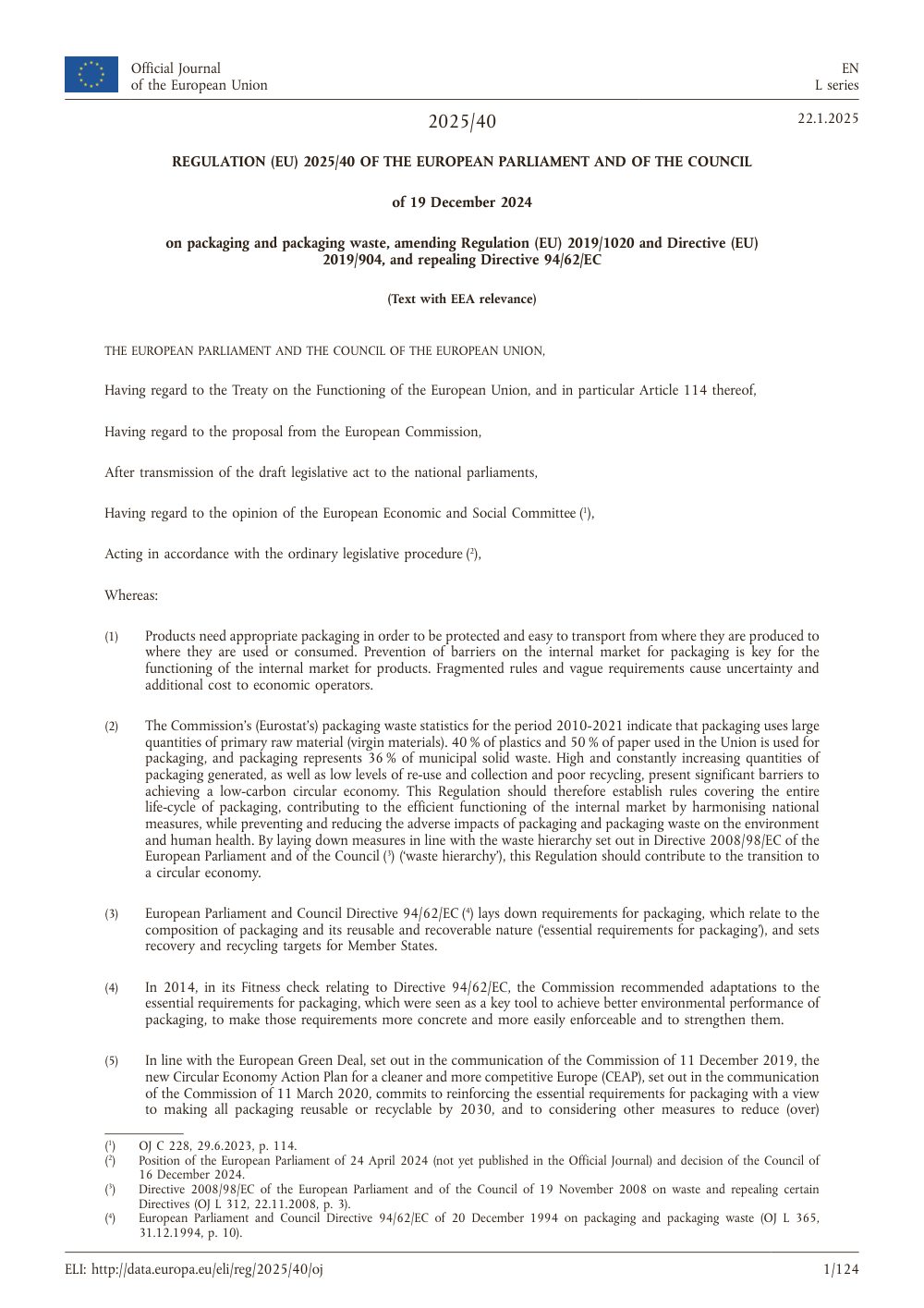 Cover of Regulation (EU) 2025/40 on packaging and packaging waste (PPWR)