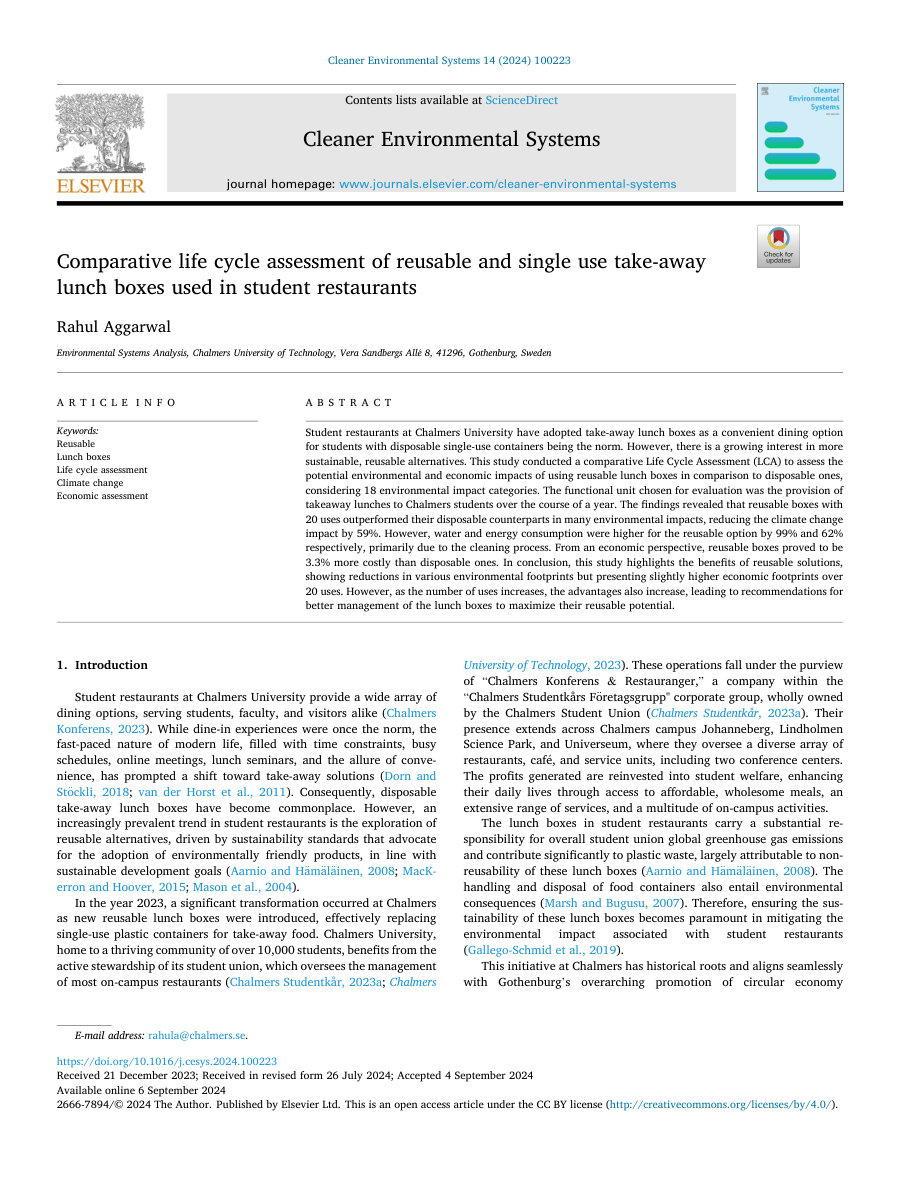 Cover of Comparative life cycle assessment of reusable and single use take-away lunch boxes used in student restaurants