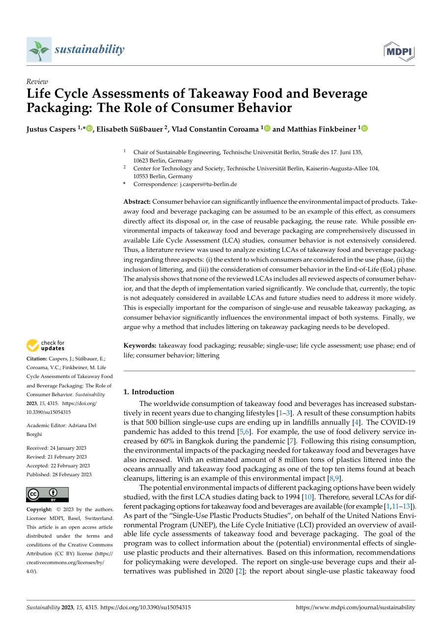 Cover of Life Cycle Assessments of Takeaway Food and Beverage Packaging: The Role of Consumer Behavior