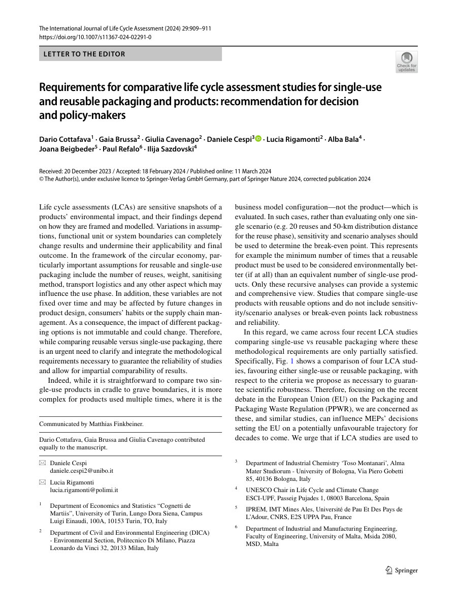 Cover of Requirements for comparative life cycle assessment studies for single-use and reusable packaging and products: recommendation for decision and policy-makers