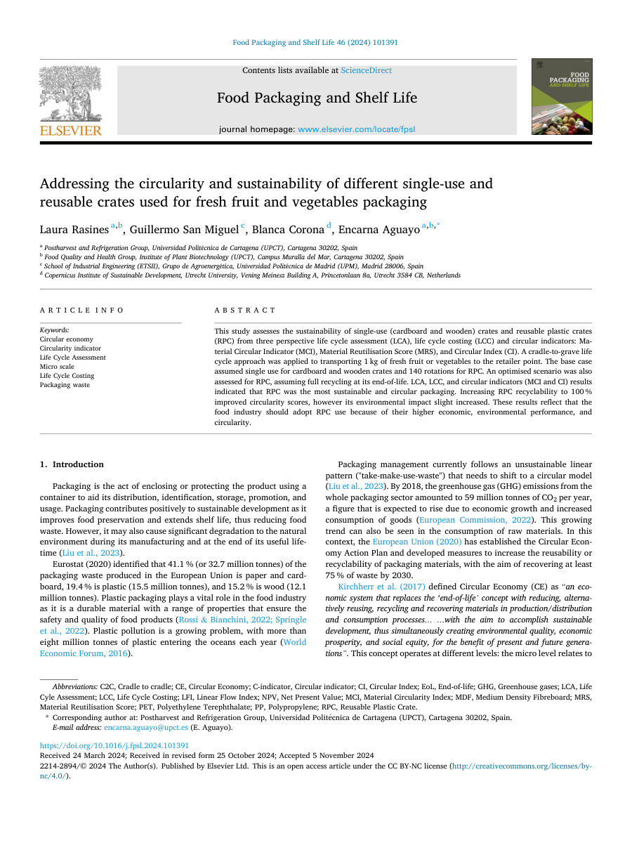 Cover of Addressing the circularity and sustainability of different single-use and reusable crates used for fresh fruit and vegetables packaging