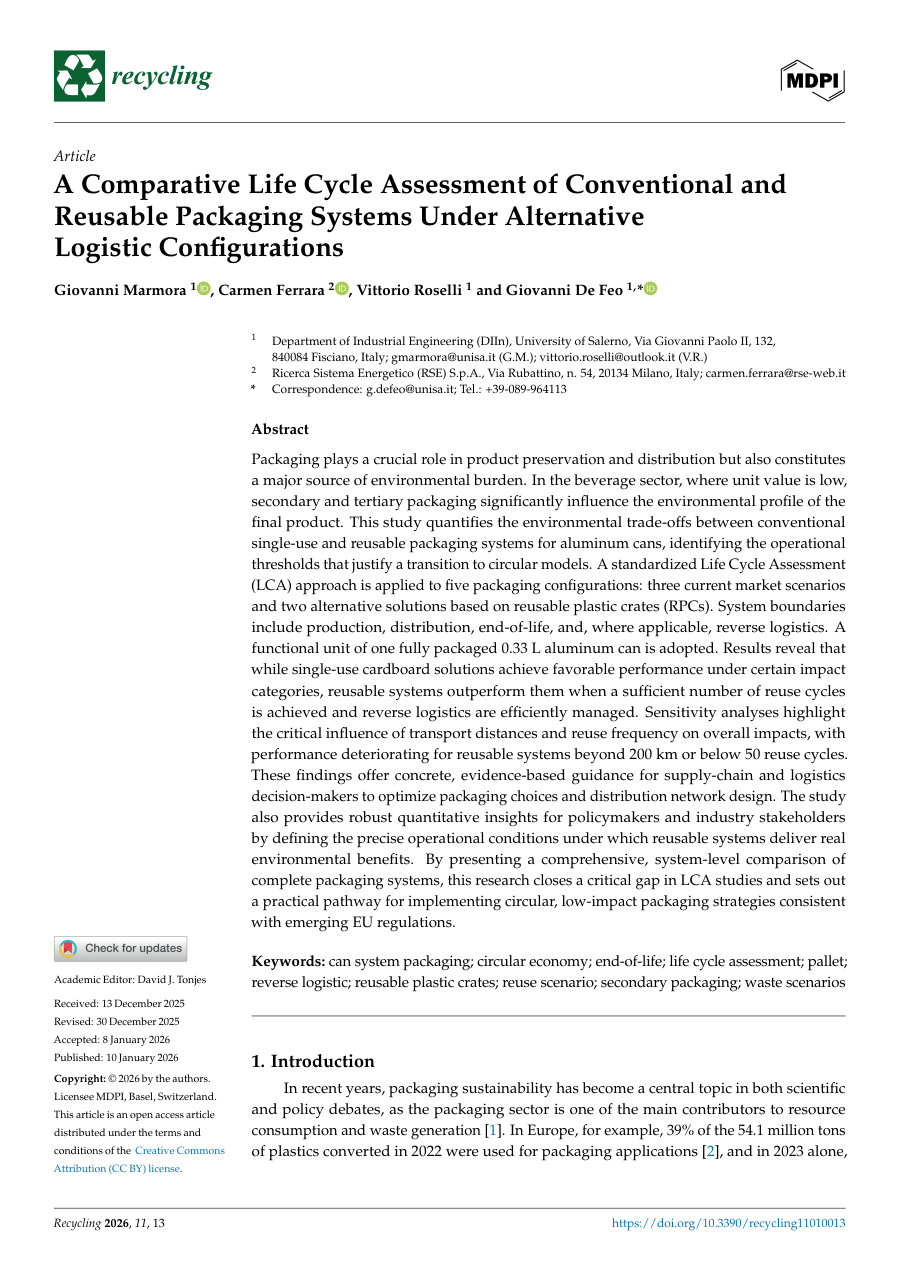 Cover of A Comparative Life Cycle Assessment of Conventional and Reusable Packaging Systems Under Alternative Logistic Configurations