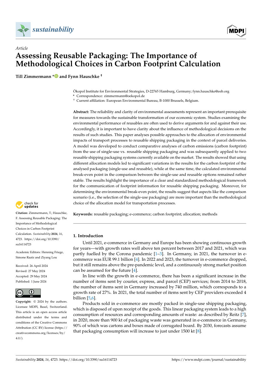 Cover of Assessing Reusable Packaging: The Importance of Methodological Choices in Carbon Footprint Calculation