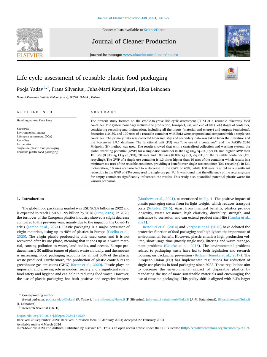 Cover of Life cycle assessment of reusable plastic food packaging
