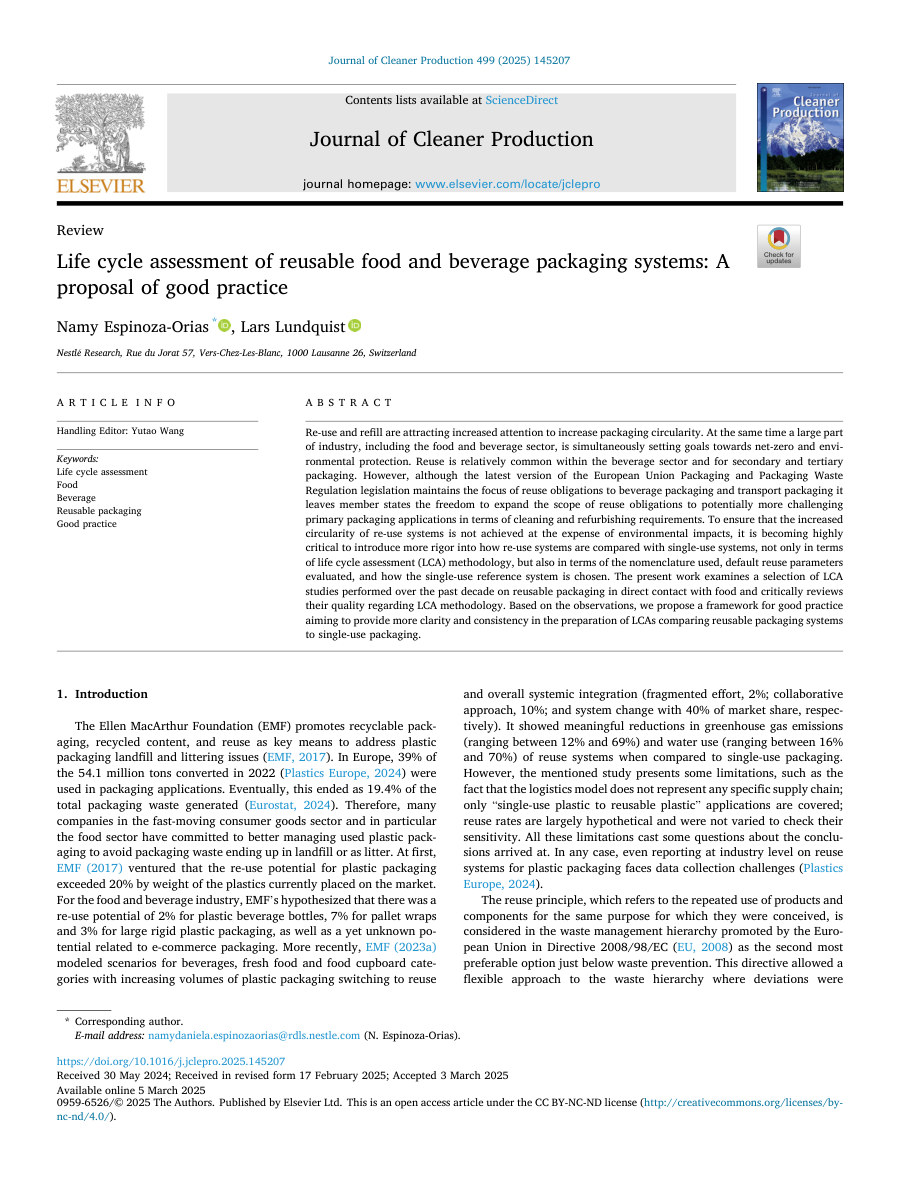 Cover of Life cycle assessment of reusable food and beverage packaging systems: A proposal of good practice