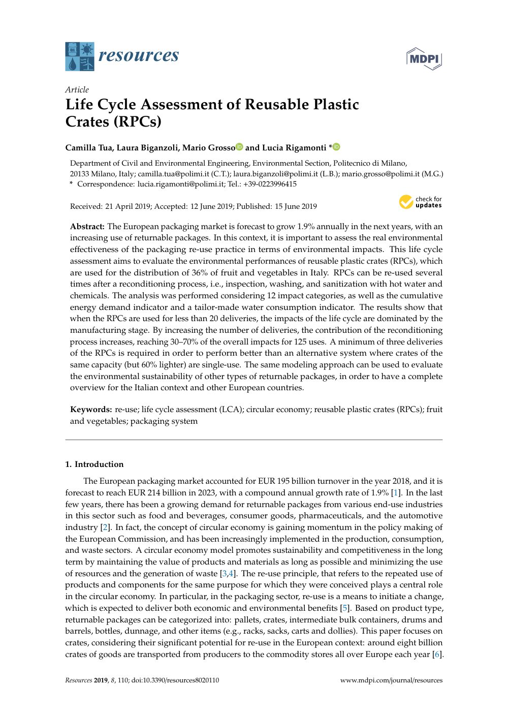 Cover of Life Cycle Assessment of Reusable Plastic Crates (RPCs)