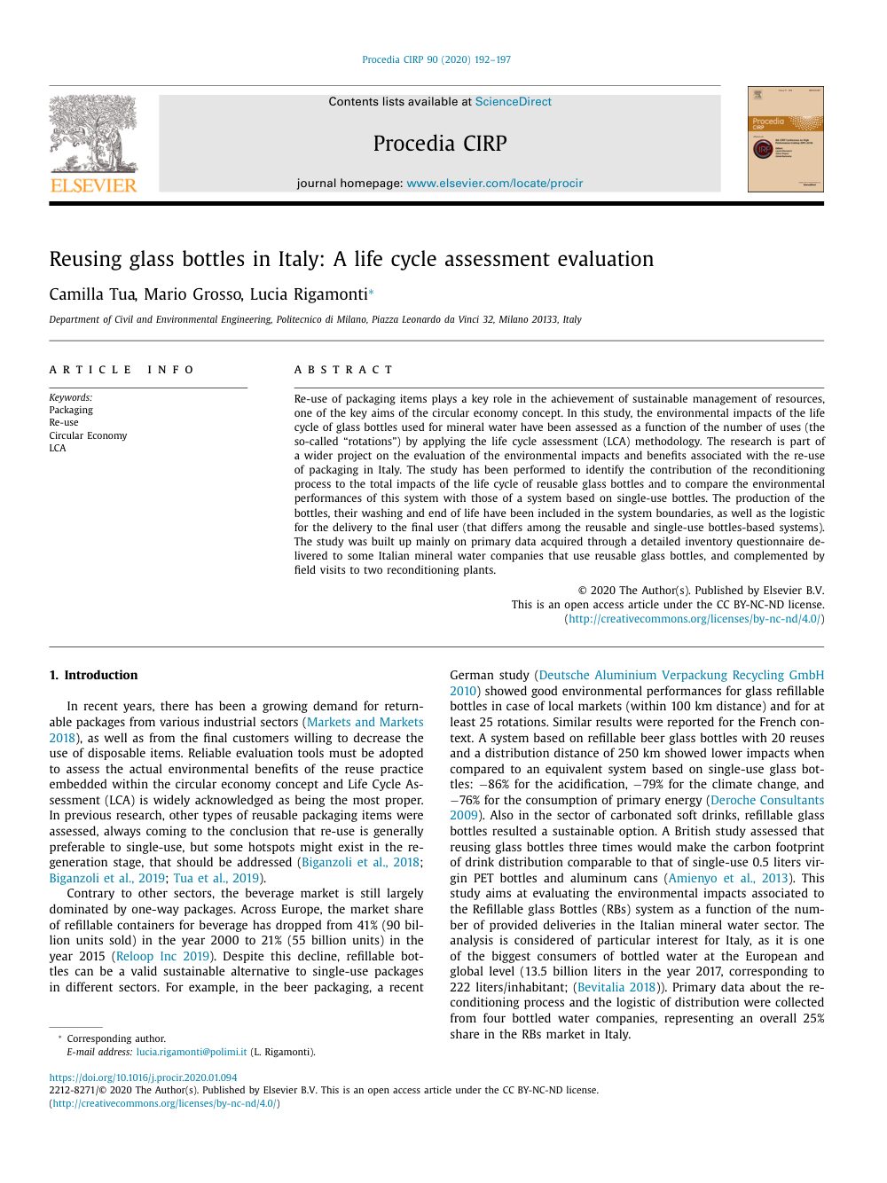 Cover of Reusing glass bottles in Italy: A life cycle assessment evaluation